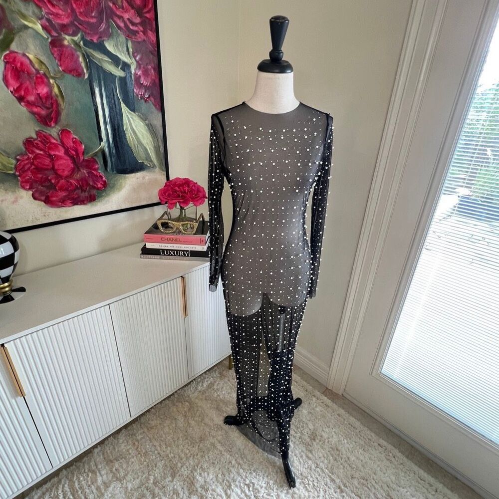 Black Sheer Mesh Pearl Embellished Cover Up Dress Duster Layering Small